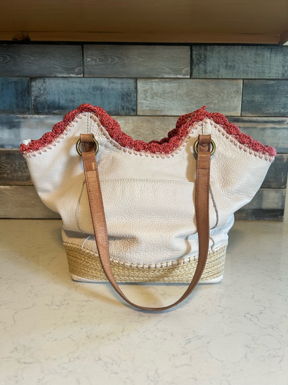 The Sak White Leather Shoulder Bag with Pink Embroidered Trim and Tan Braiding - Picture 5 of 16